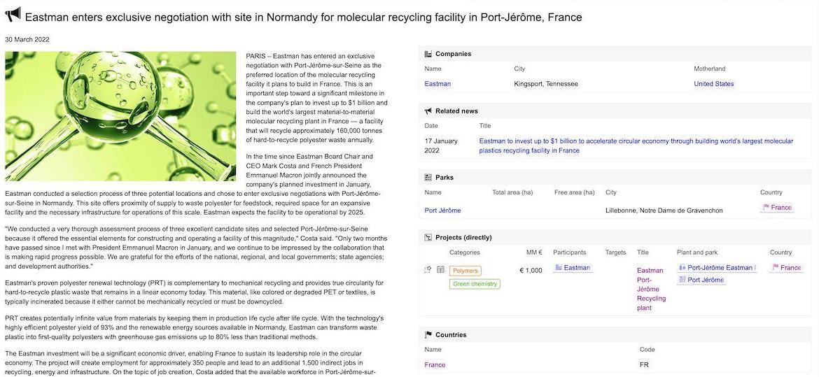 News details page linking to projects, parks and other related content