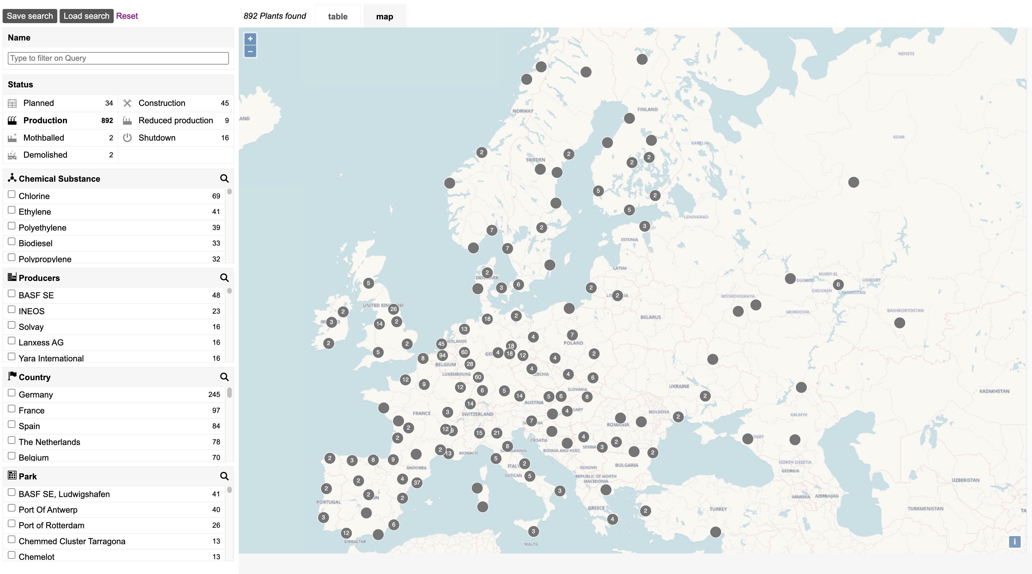 Plants index page in map view filtered to plants in production