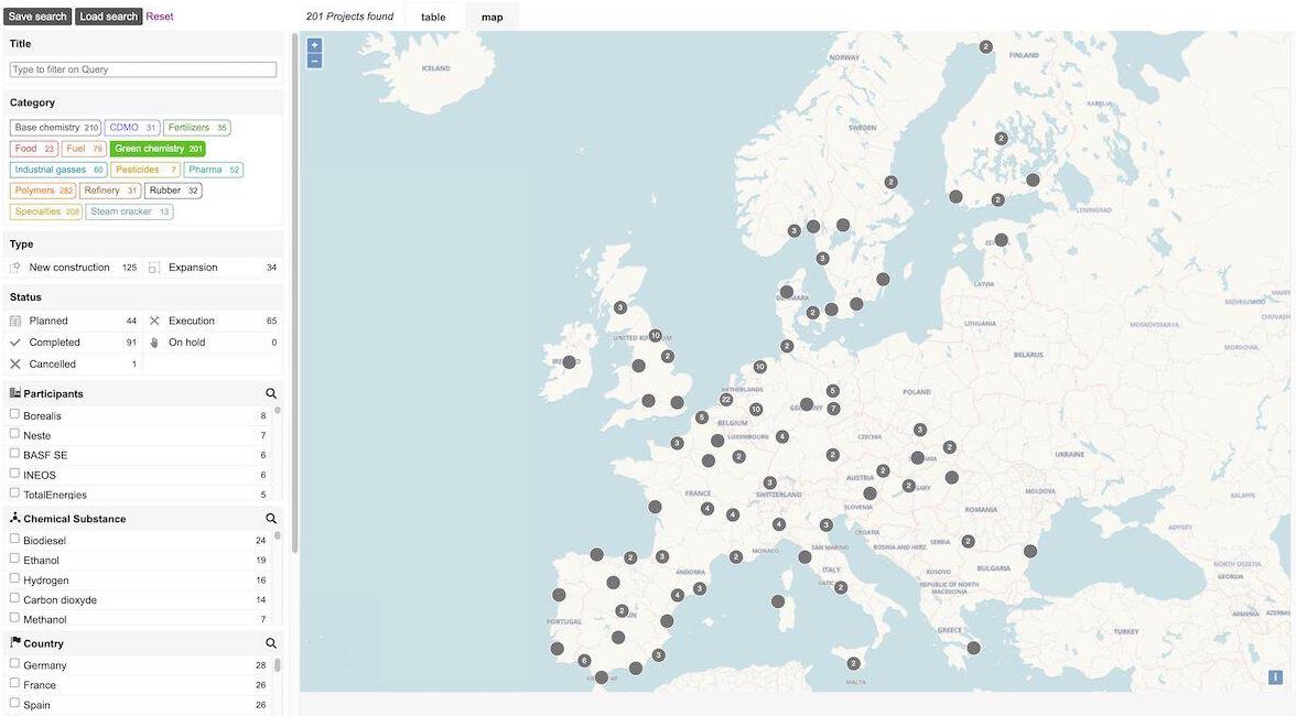 chemXplore Analytics projects index page in map view, filtered on green chemistry