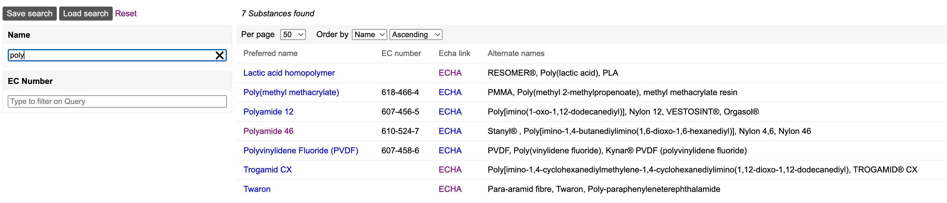 Chemical substance index page with filters